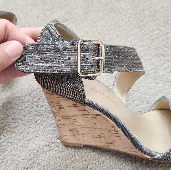 Stuart Weitzman Lineone Pyrite Nocturne Wedge Sandals 7 Glitter Sparkle Cork - Picture 6 of 9